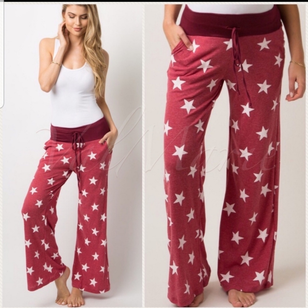 Ribbed Knit Star Print Lounge Pants Drawstring - Picture 1 of 7